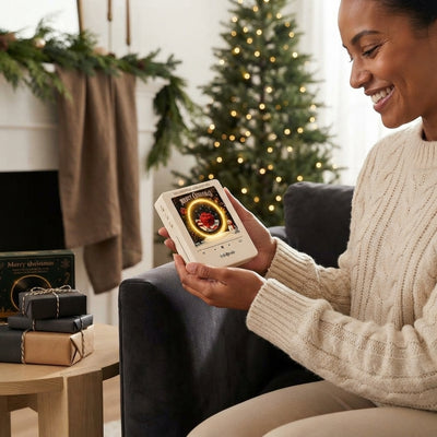 A person holding the magnetic vinyl record player in a cozy, warmly lit living room to represent a satisfaction guarantee.