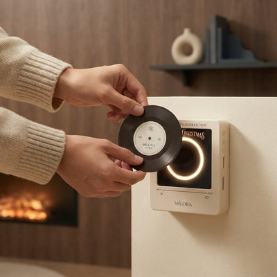 A person placing a mini vinyl record on a magnetic record player on a kitchen fridge in a cozy home setting.