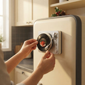 A person placing a miniature vinyl record onto a magnetic Milora vinyl player on a kitchen refrigerator.